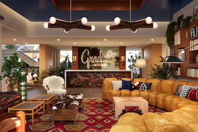 Lobby area with front desk and comfortable seating