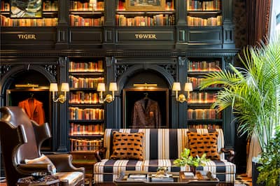 Hotel lobby seating and library