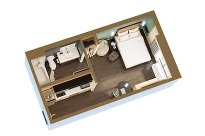 3D rendering floorplan of a queen studio with queen bed, kitchen area, table, and spacious bathroom