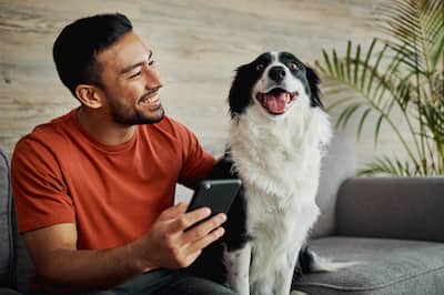 Man in orange t-shirt with phone and black and white dog
