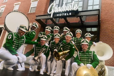 College band cheerfully performing