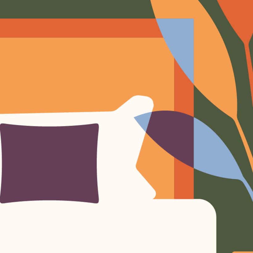 Illustration of a bed and plant in orange, red, purple, green and blue